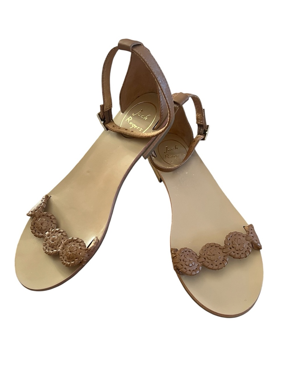 Jack Rogers Tan Leather Ankle-Strap Sandals with Braided Medallion Trim